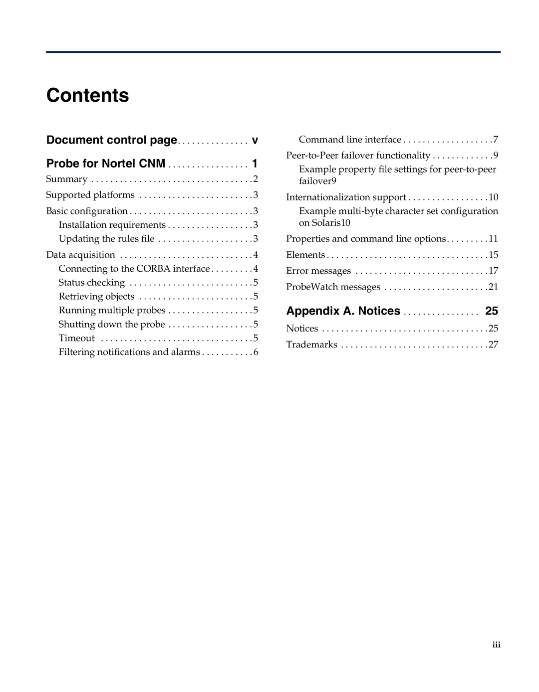 IBM Netcool/OMNIbus Probe for Nortel CNM manual Contents 