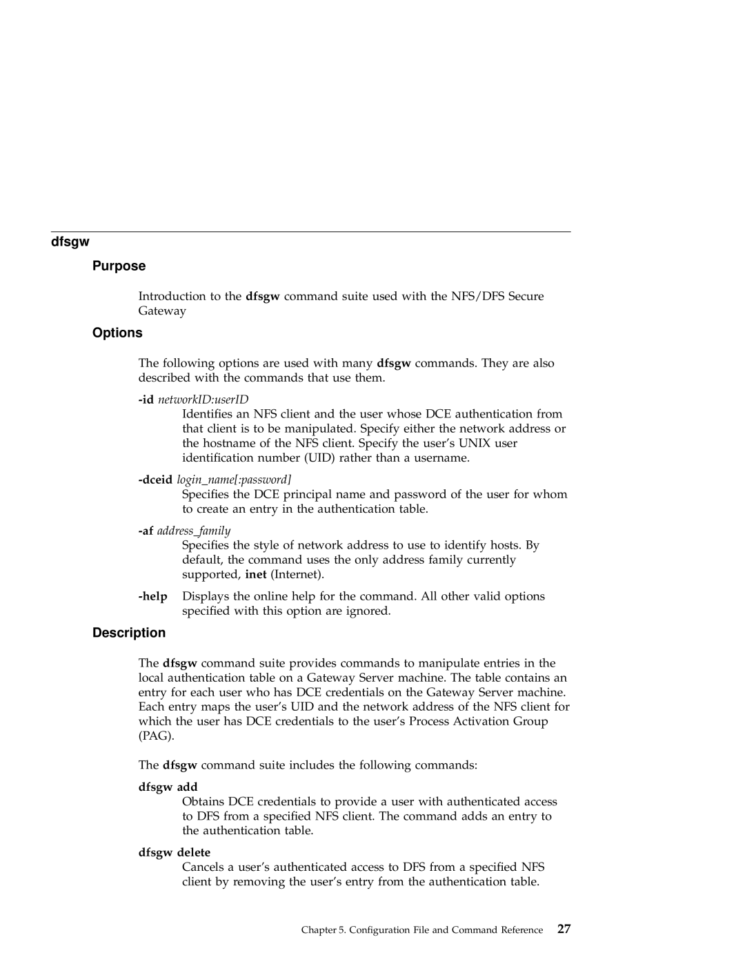 IBM NFS/DFS Secure Gateway manual Dfsgw Purpose, Options, Dfsgw add, Dfsgw delete 