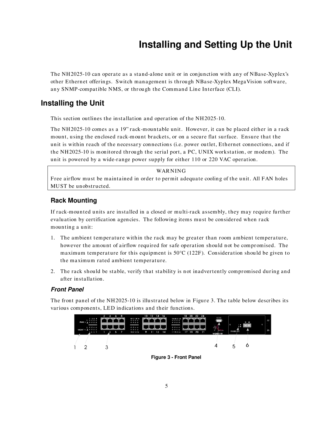 IBM NH2025-10 manual Installing and Setting Up the Unit, Installing the Unit, Rack Mounting, Front Panel 