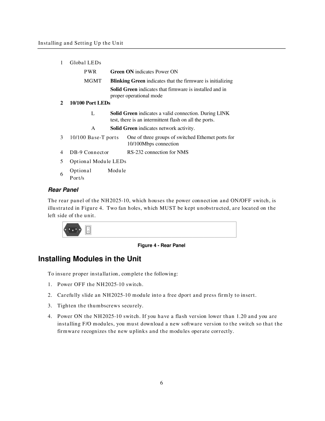 IBM NH2025-10 manual Installing Modules in the Unit, Rear Panel 