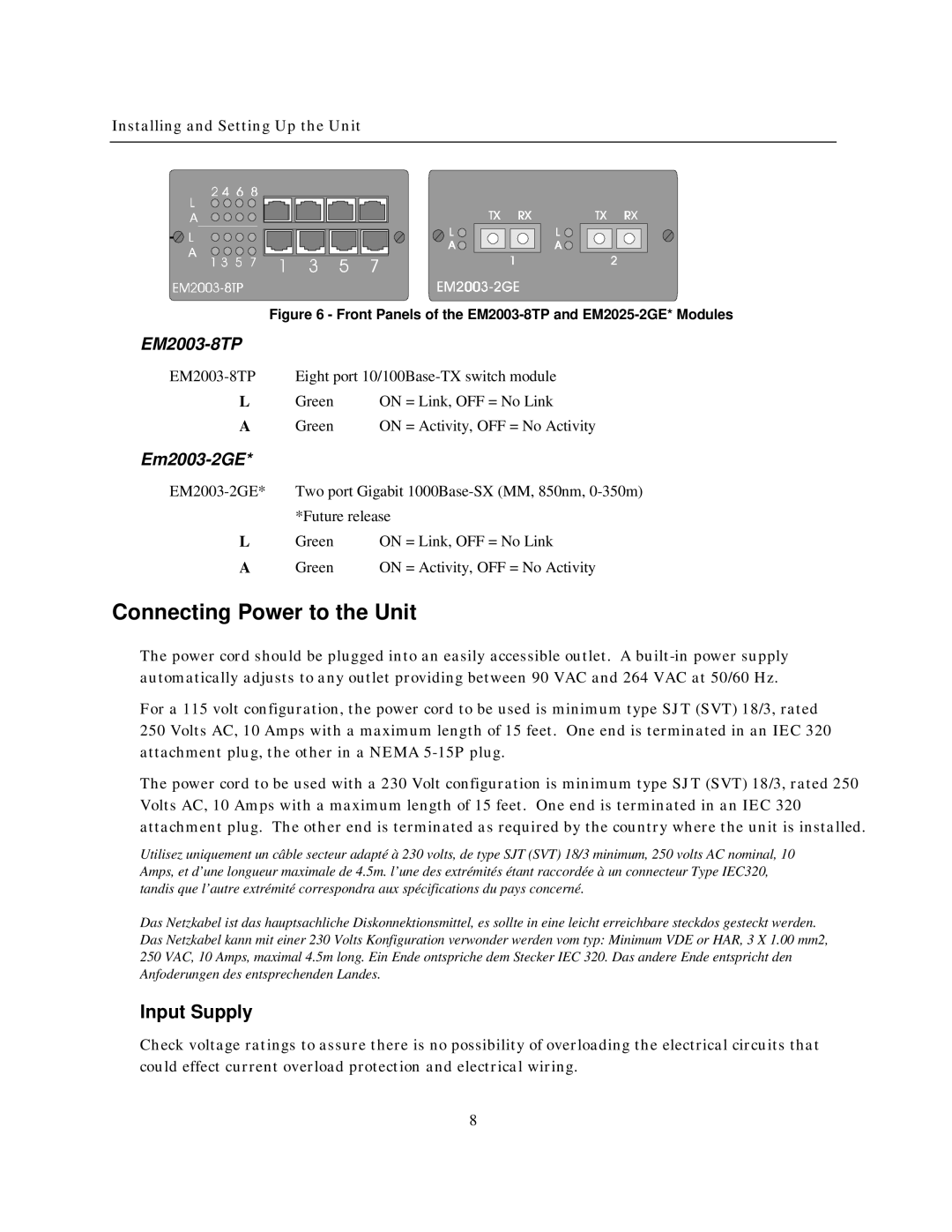 IBM NH2025-10 manual Connecting Power to the Unit, Input Supply, EM2003-8TP, Em2003-2GE 