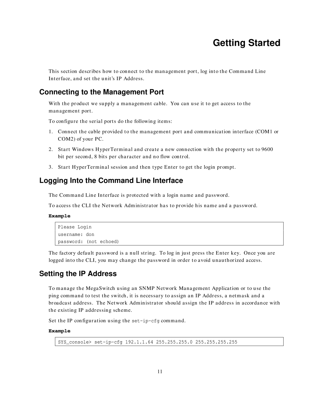 IBM NH2025-10 manual Getting Started, Connecting to the Management Port, Logging Into the Command Line Interface, Example 