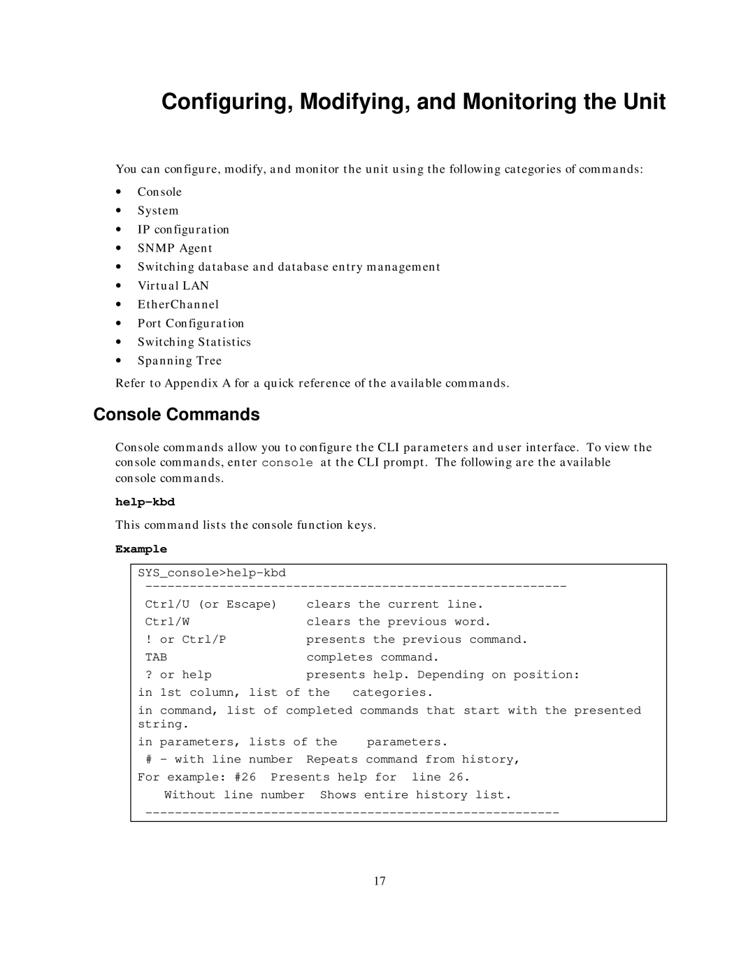 IBM NH2025-10 manual Configuring, Modifying, and Monitoring the Unit, Console Commands, Help-kbd, Completes command 