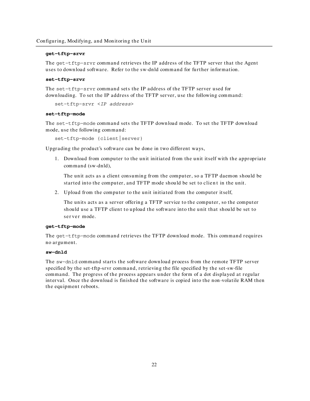 IBM NH2025-10 manual Get-tftp-srvr, Set-tftp-srvr, Set-tftp-mode, Get-tftp-mode, Sw-dnld 