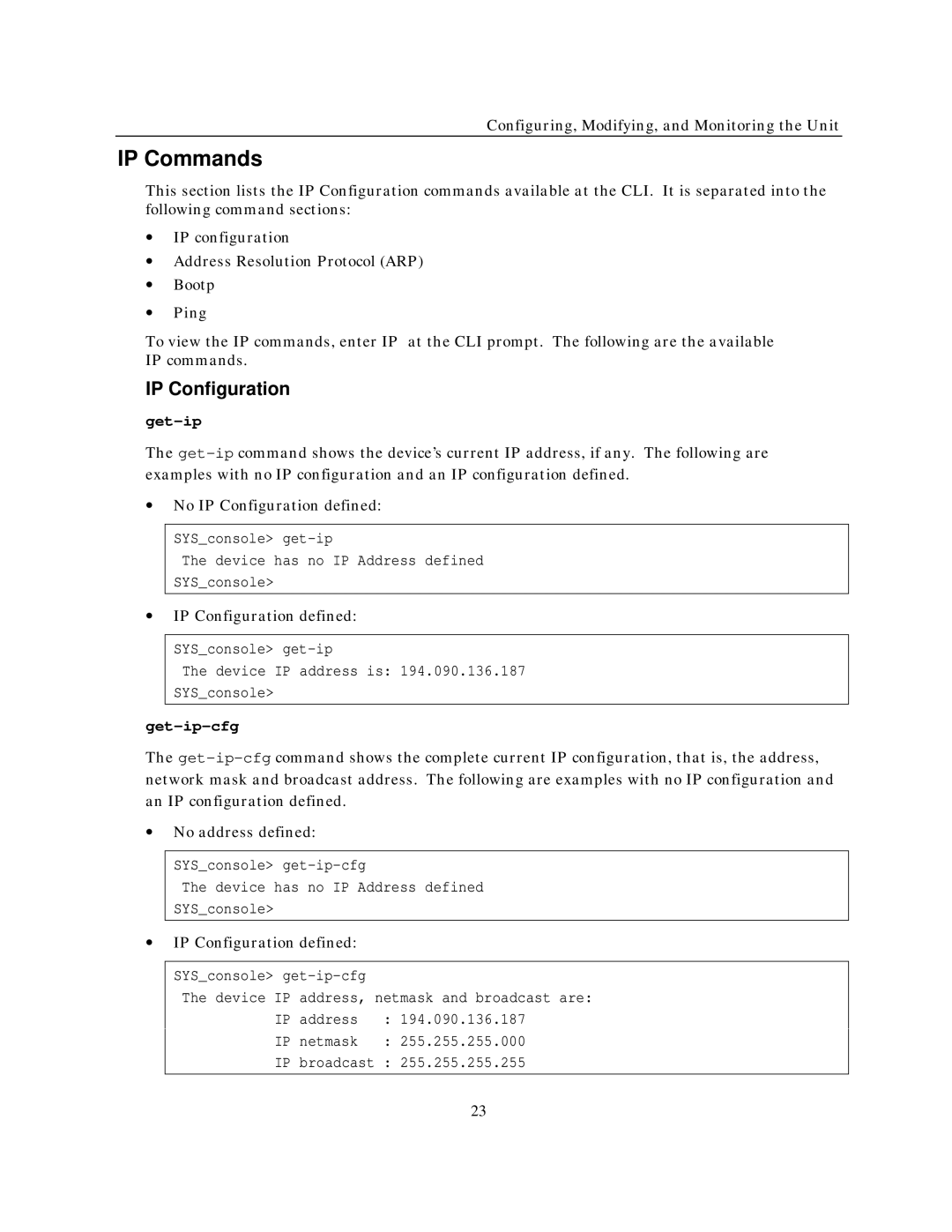 IBM NH2025-10 manual IP Commands, IP Configuration, Get-ip-cfg, Netmask 