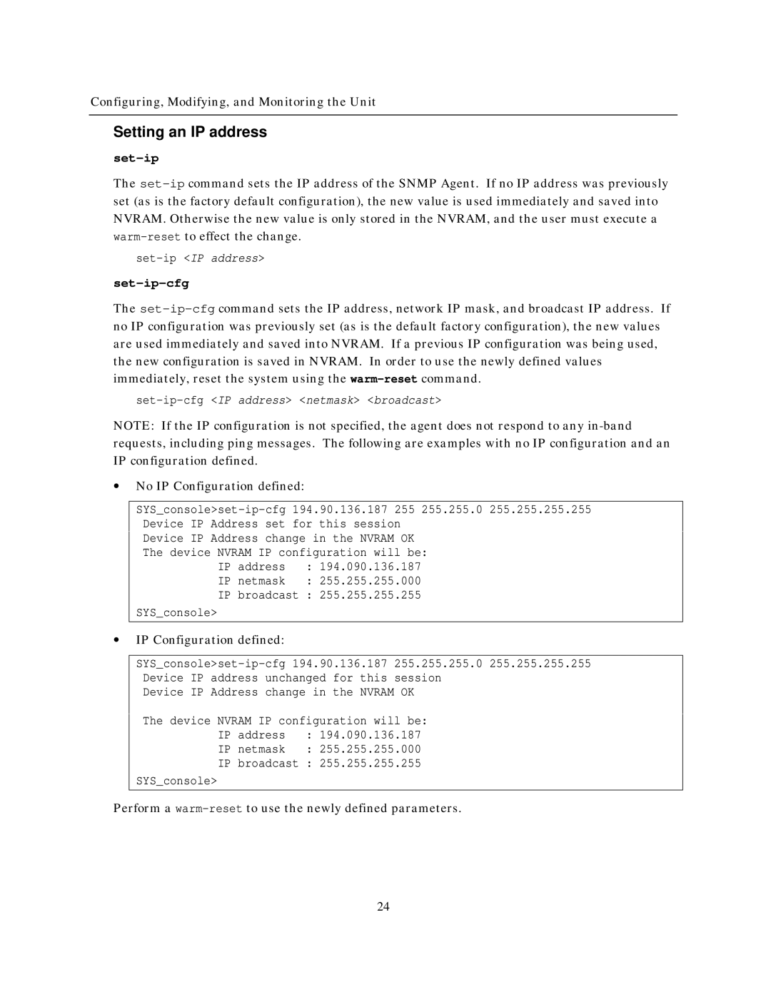 IBM NH2025-10 manual Setting an IP address, Set-ip-cfg, IP broadcast SYSconsole 