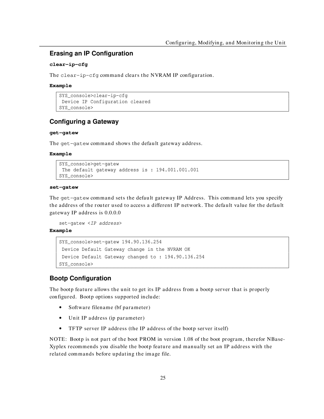 IBM NH2025-10 manual Erasing an IP Configuration, Configuring a Gateway, Bootp Configuration 