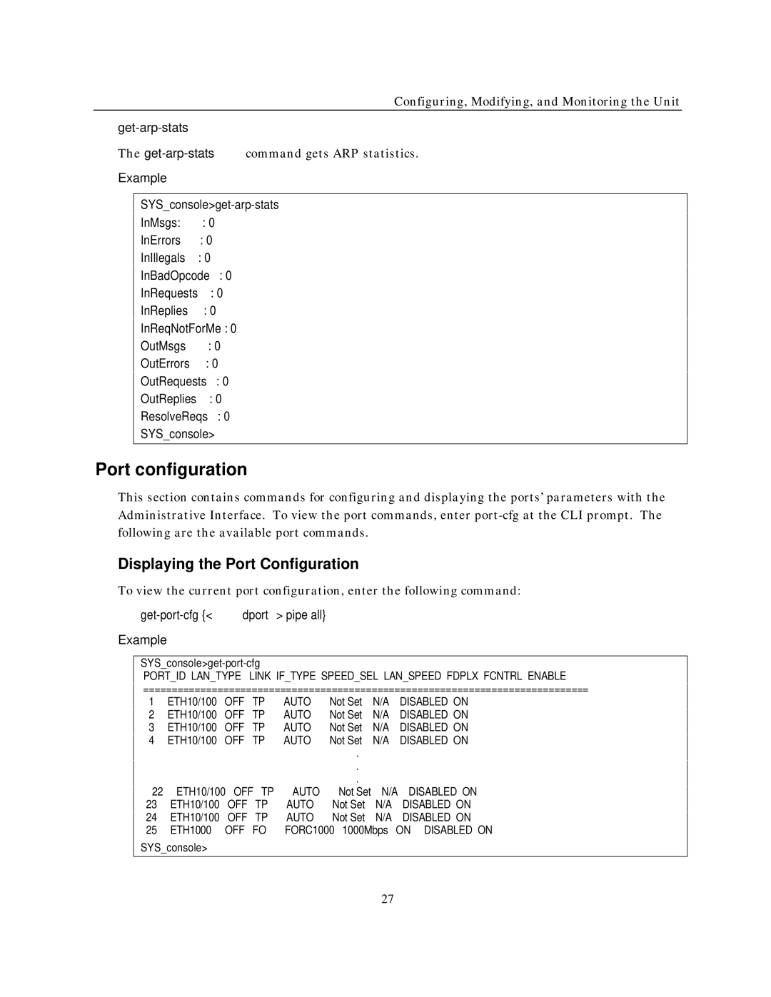 IBM NH2025-10 manual Port configuration, Displaying the Port Configuration, Get-arp-stats, Get-port-cfg dport pipe all 