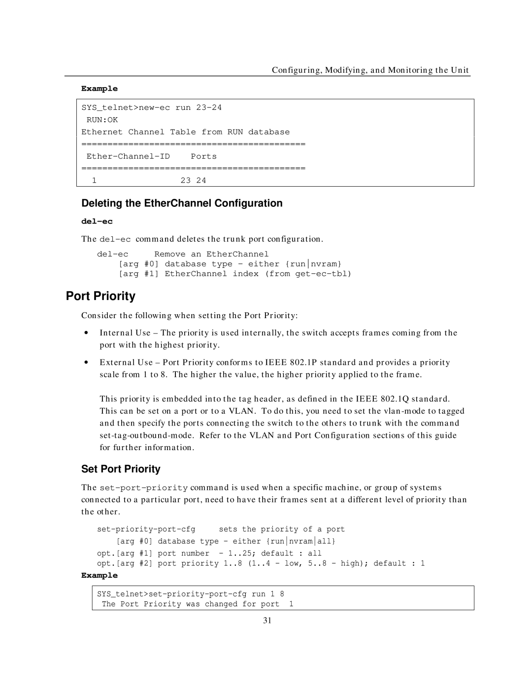 IBM NH2025-10 manual Set Port Priority, Deleting the EtherChannel Configuration del-ec 