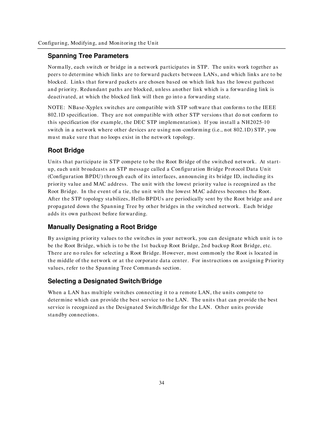 IBM NH2025-10 manual Spanning Tree Parameters, Manually Designating a Root Bridge, Selecting a Designated Switch/Bridge 