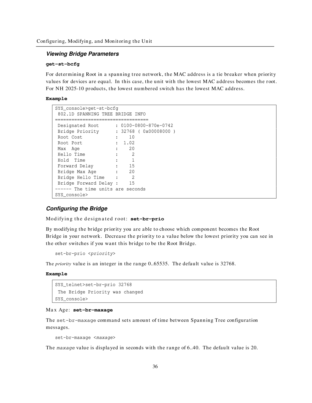 IBM NH2025-10 manual Viewing Bridge Parameters, Configuring the Bridge, Get-st-bcfg, Max Age set-br-maxage 