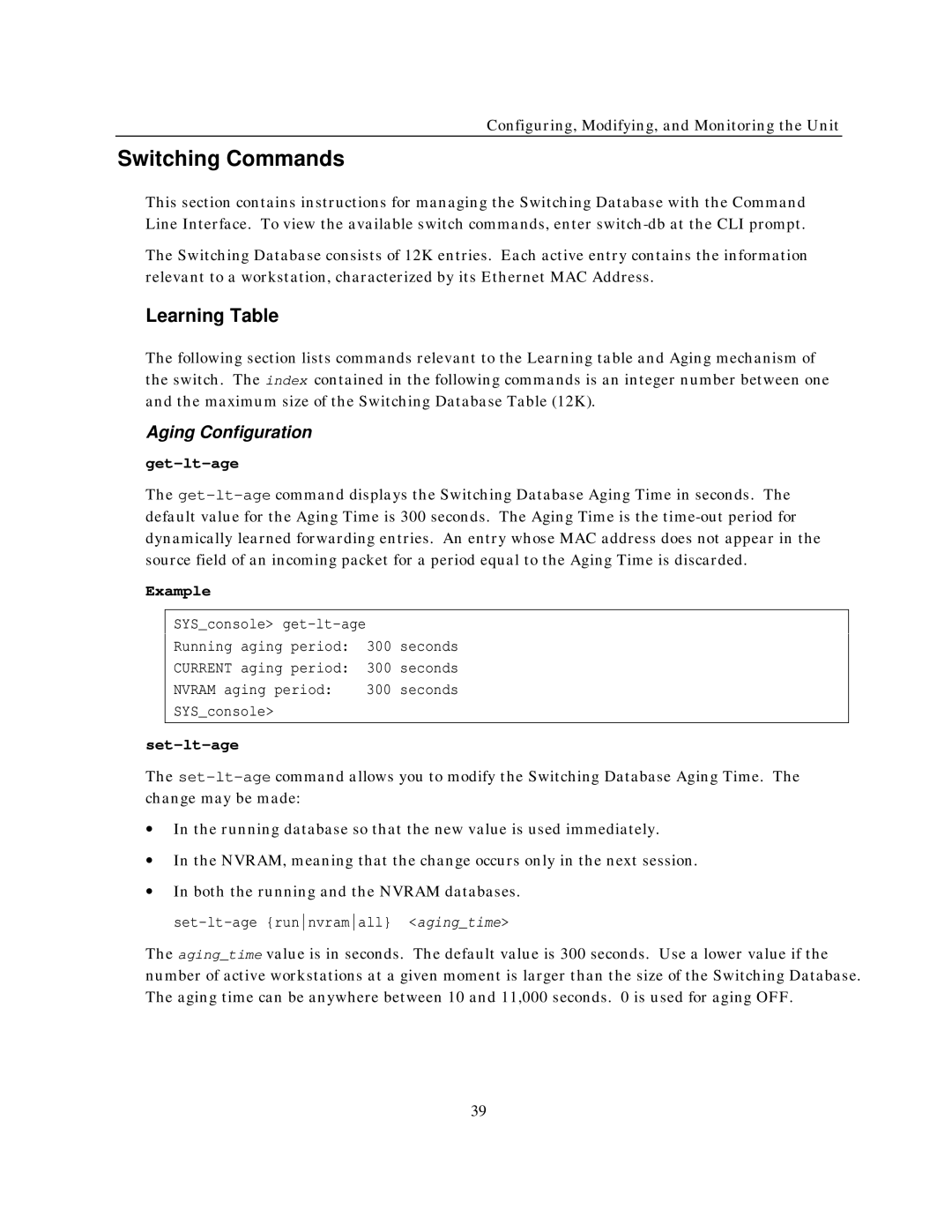 IBM NH2025-10 manual Switching Commands, Learning Table, Aging Configuration, Get-lt-age, Set-lt-age 