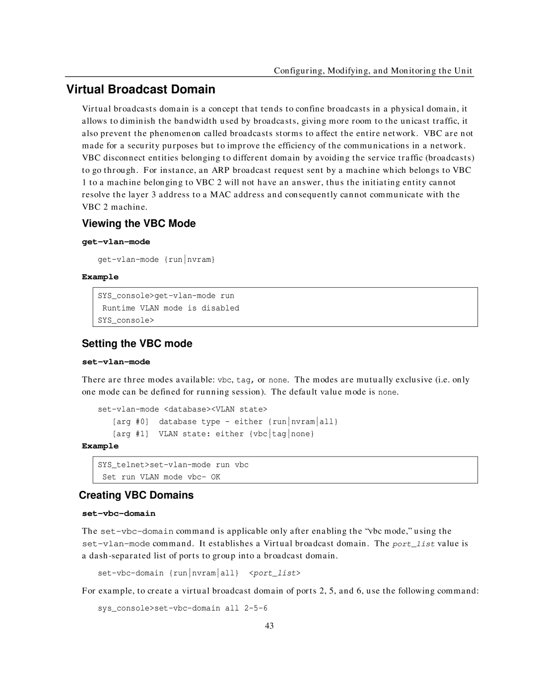 IBM NH2025-10 manual Virtual Broadcast Domain, Viewing the VBC Mode, Setting the VBC mode, Creating VBC Domains 