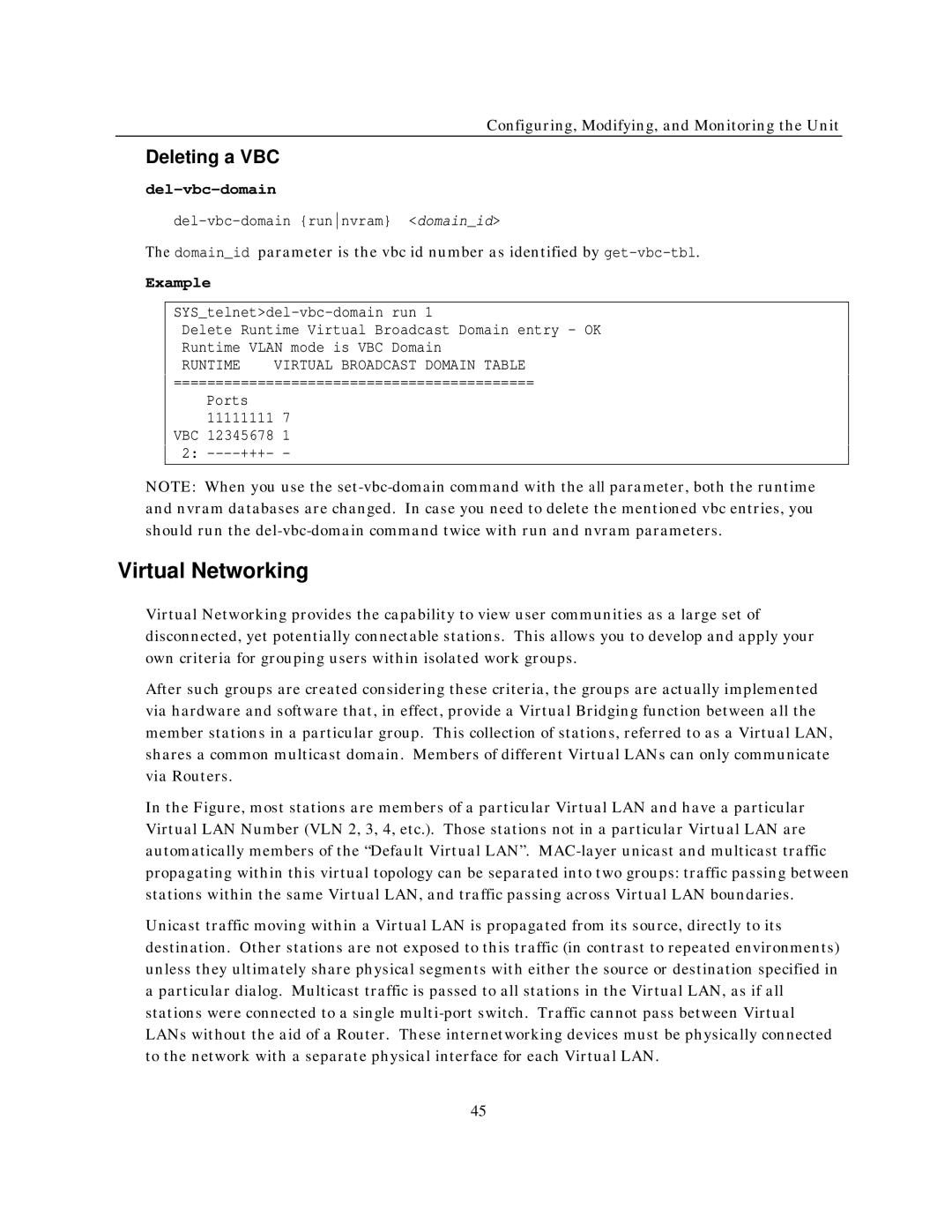 IBM NH2025-10 manual Virtual Networking, Deleting a VBC, Del-vbc-domain runnvram domainid 