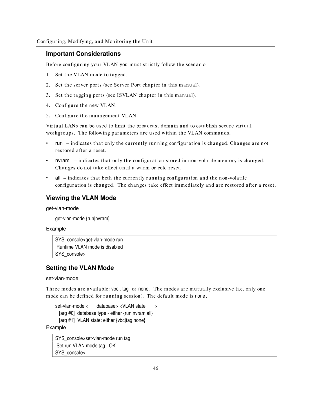 IBM NH2025-10 manual Important Considerations, Viewing the Vlan Mode, Setting the Vlan Mode 