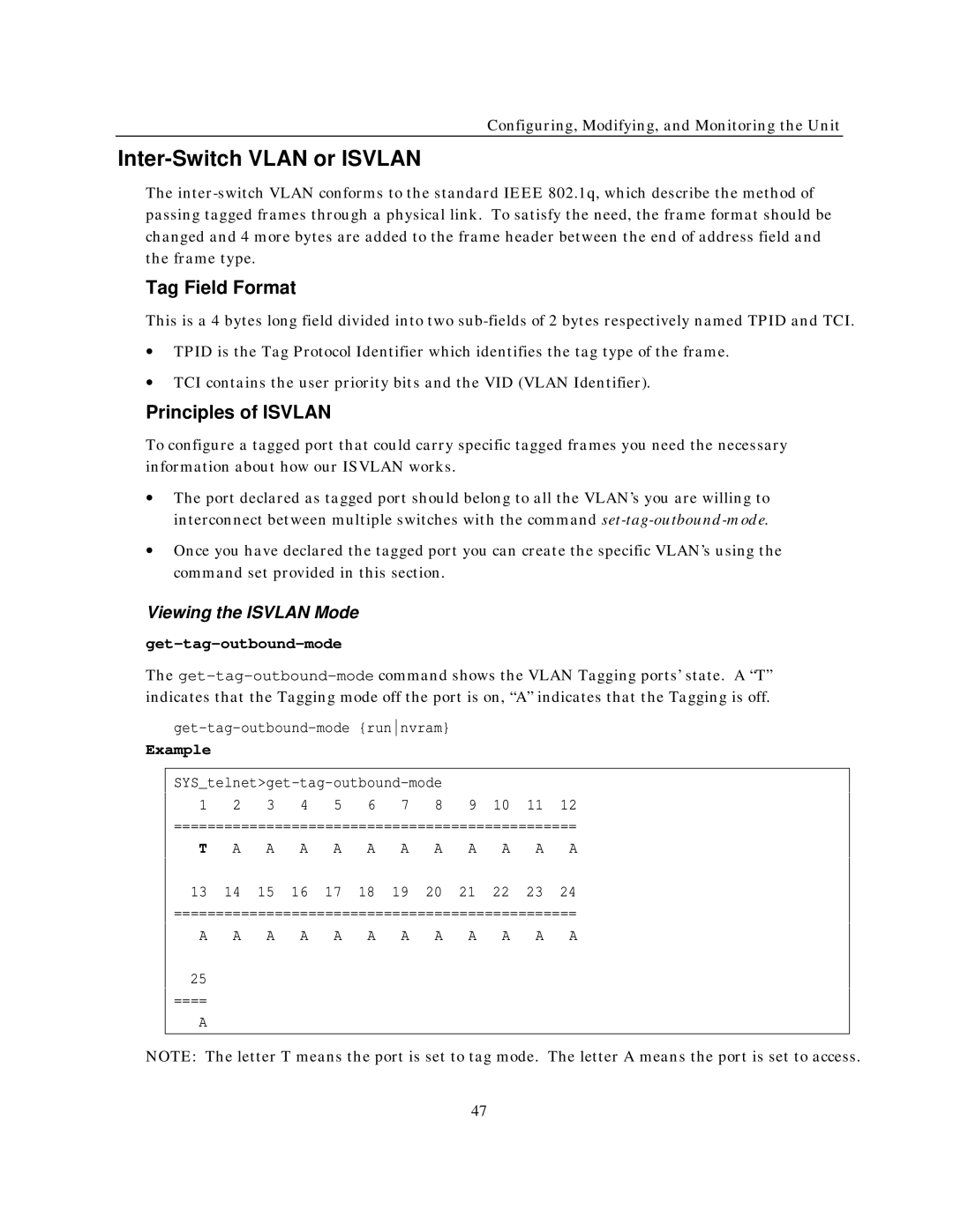 IBM NH2025-10 manual Inter-Switch Vlan or Isvlan, Tag Field Format, Principles of Isvlan, Viewing the Isvlan Mode 