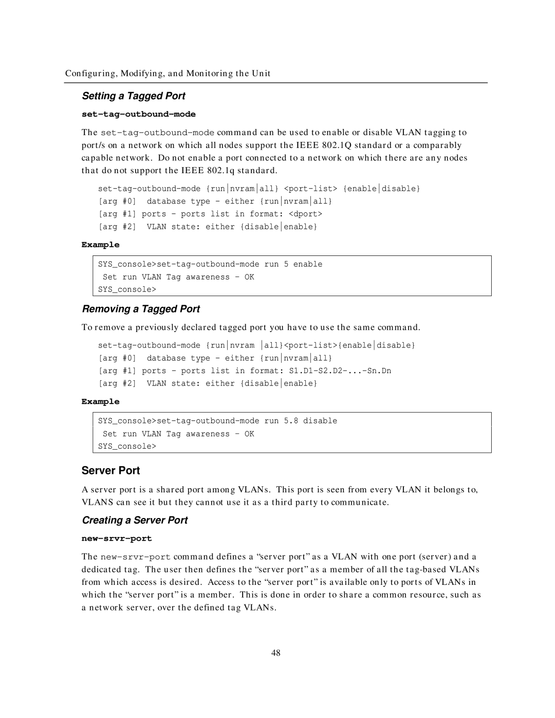 IBM NH2025-10 manual Setting a Tagged Port, Removing a Tagged Port, Creating a Server Port 