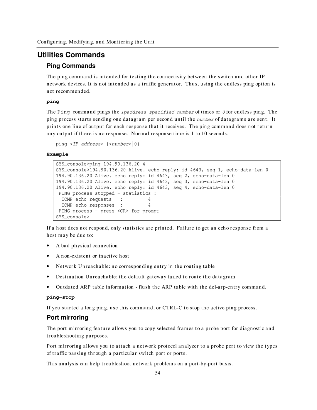 IBM NH2025-10 manual Utilities Commands, Ping Commands, Port mirroring, Ping-stop 