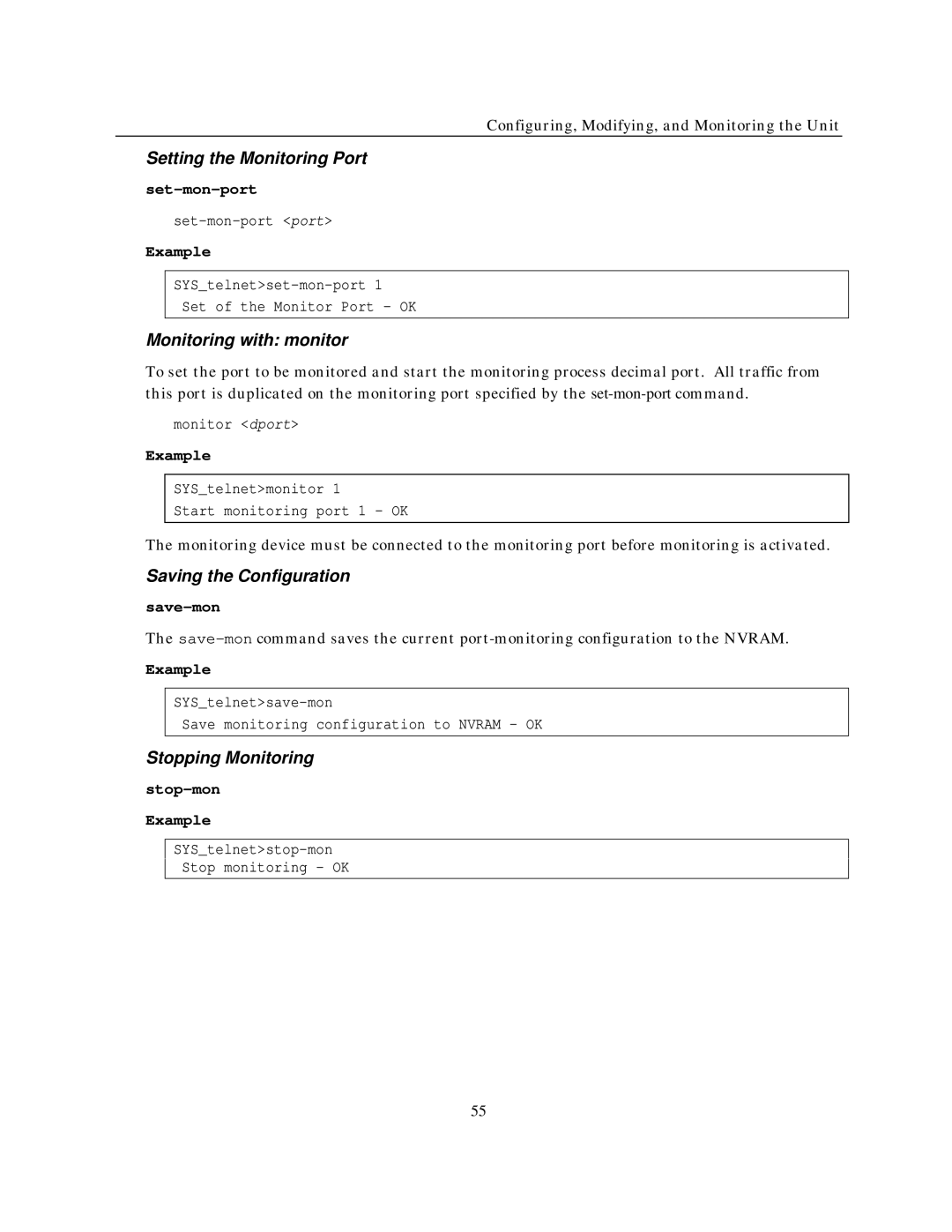 IBM NH2025-10 manual Setting the Monitoring Port, Monitoring with monitor, Saving the Configuration, Stopping Monitoring 