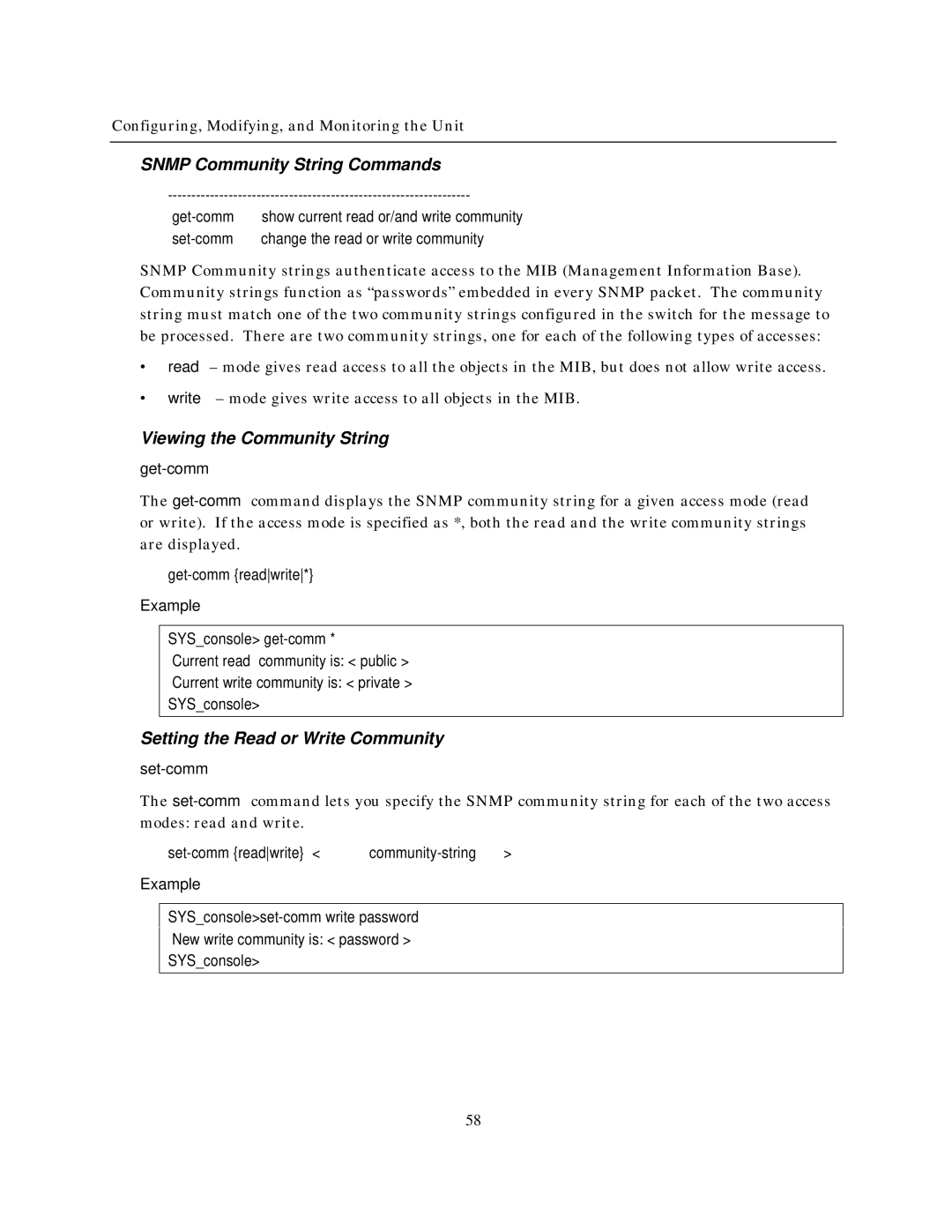 IBM NH2025-10 Snmp Community String Commands, Viewing the Community String, Setting the Read or Write Community, Get-comm 