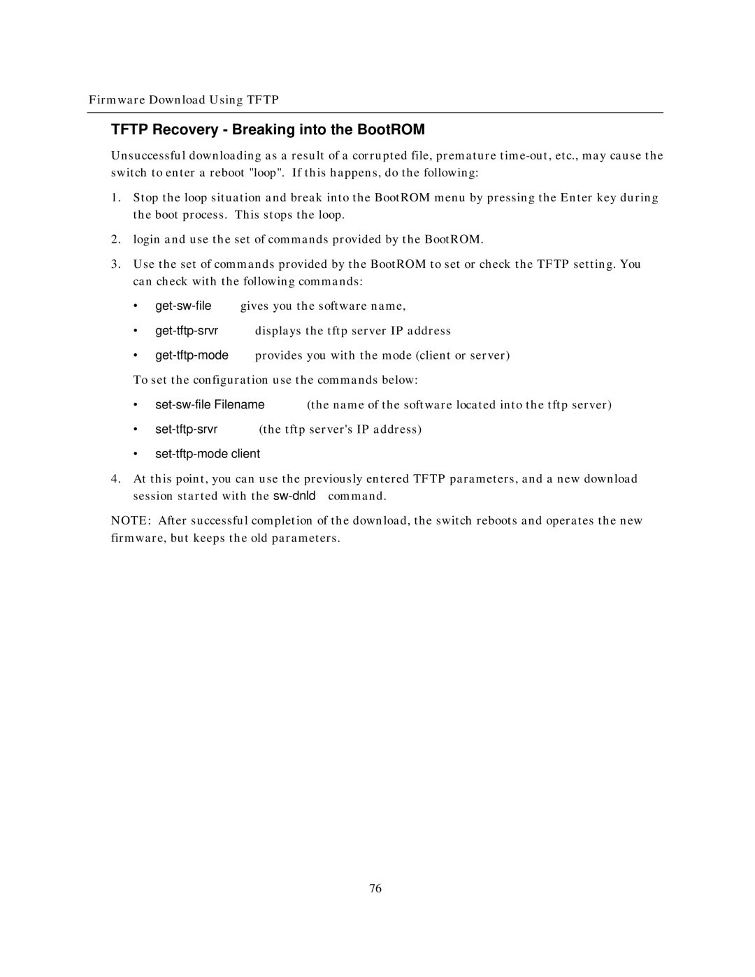 IBM NH2025-10 manual Tftp Recovery Breaking into the BootROM, ∙ set-tftp-mode client 