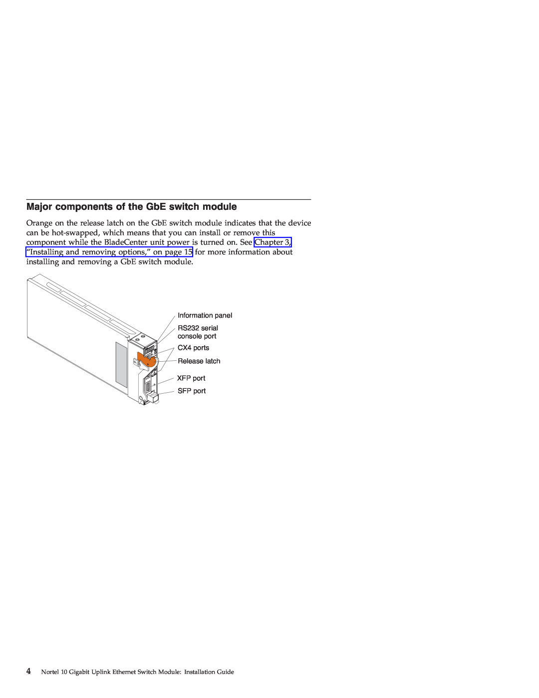 IBM Nortel 10 manual Major components of the GbE switch module, 4 TX/RX XFP port, SFP port 