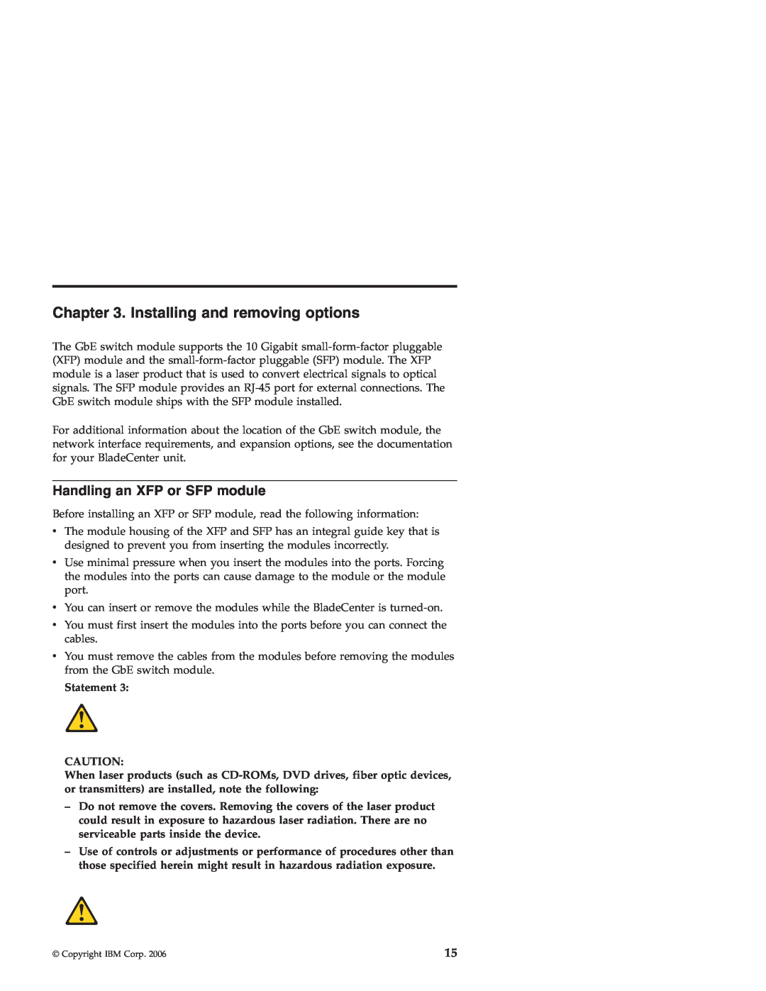 IBM Nortel 10 manual Installing and removing options, Handling an XFP or SFP module, Statement 