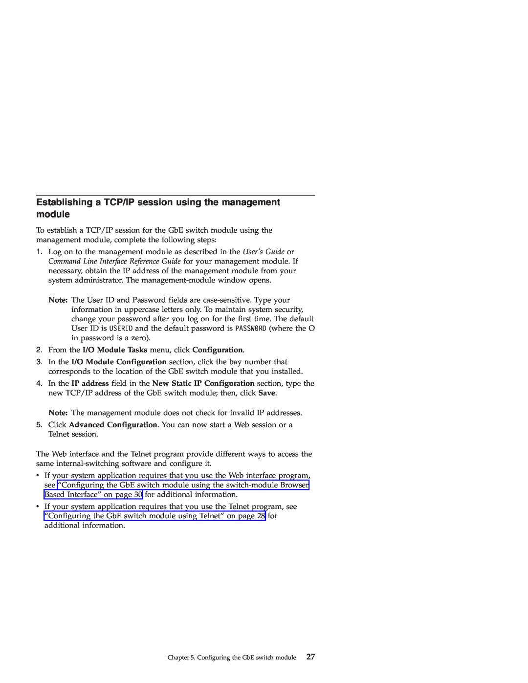 IBM Nortel 10 manual Establishing a TCP/IP session using the management module 