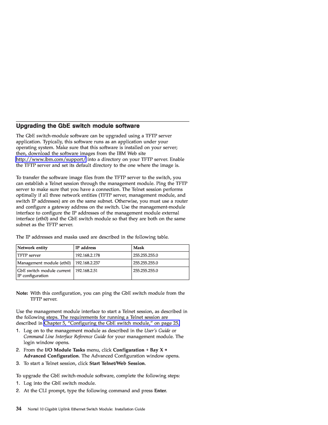 IBM Nortel 10 manual Upgrading the GbE switch module software 