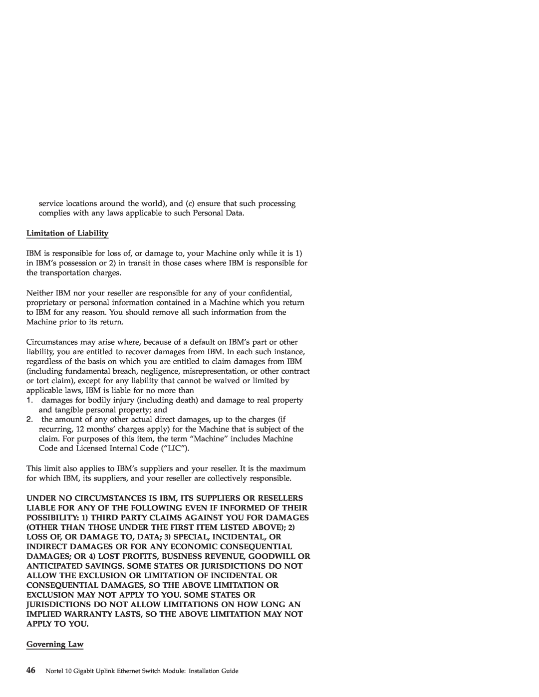 IBM Nortel 10 manual Limitation of Liability, Governing Law 