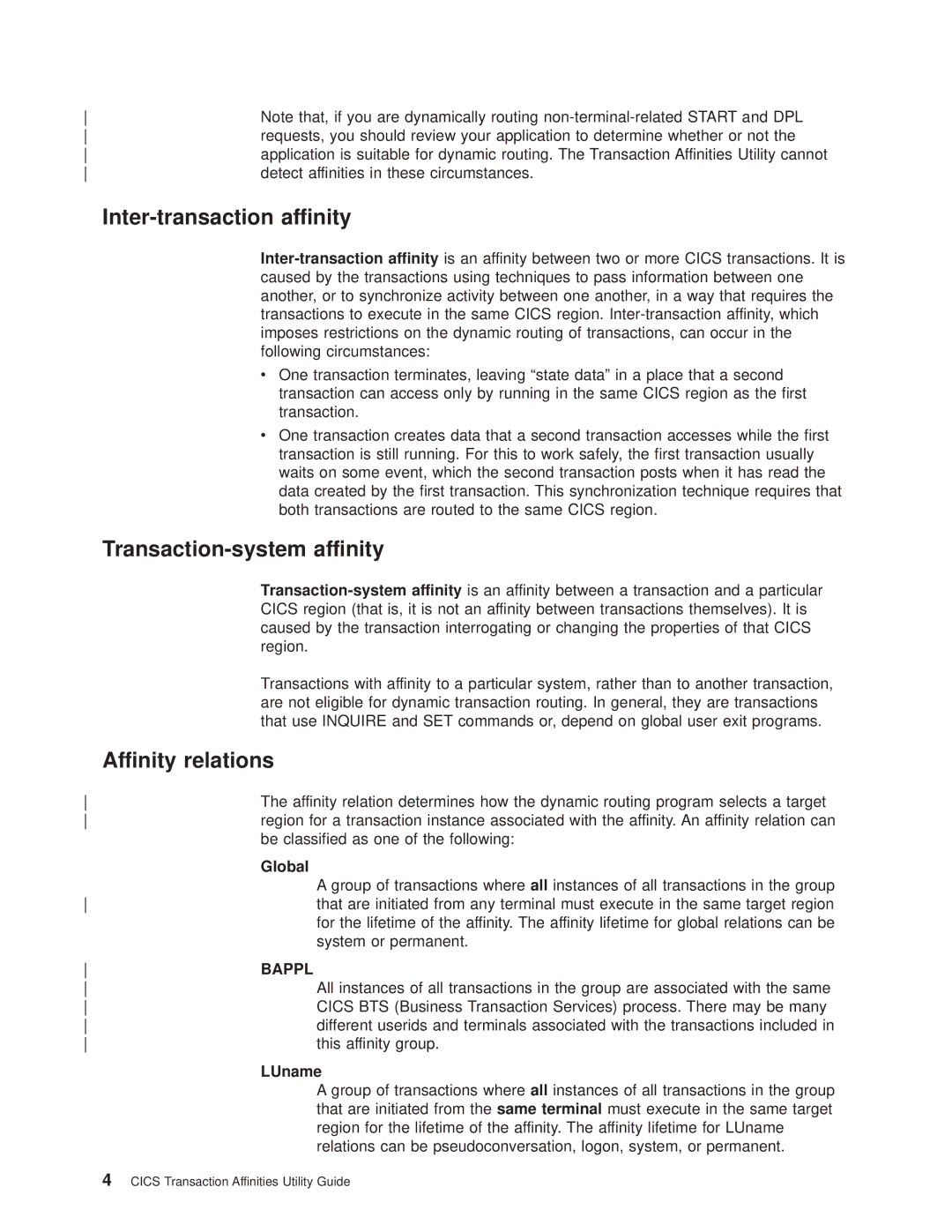 IBM OS manual Inter-transaction affinity, Transaction-system affinity, Affinity relations, Global, LUname 