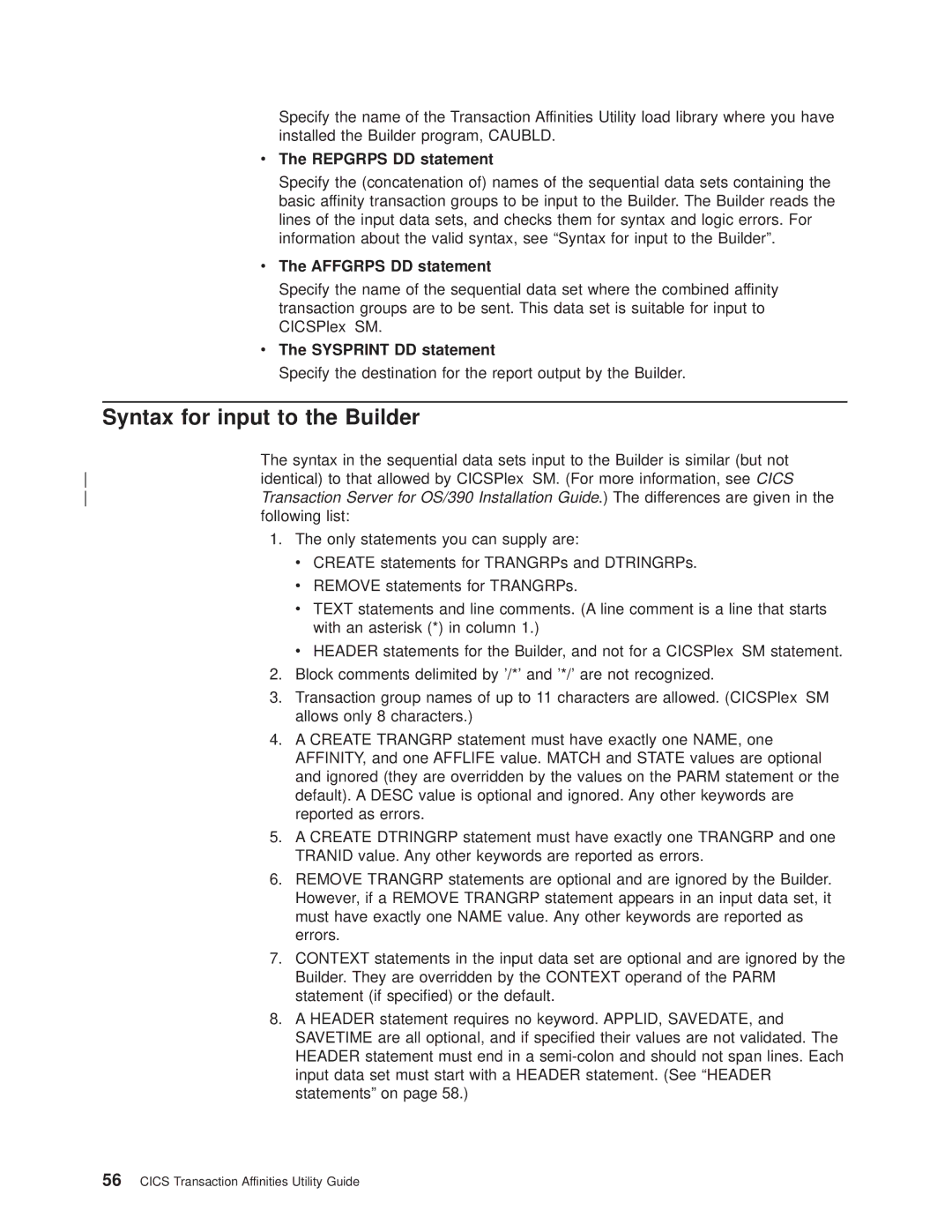 IBM OS manual Syntax for input to the Builder, Repgrps DD statement, Affgrps DD statement 