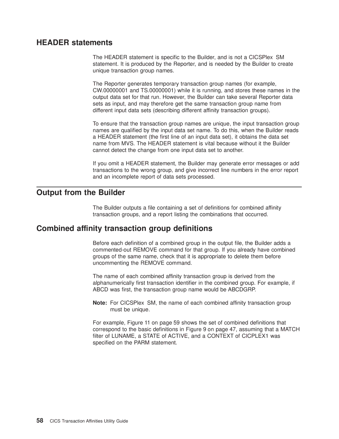 IBM OS manual Header statements, Output from the Builder, Combined affinity transaction group denitions 