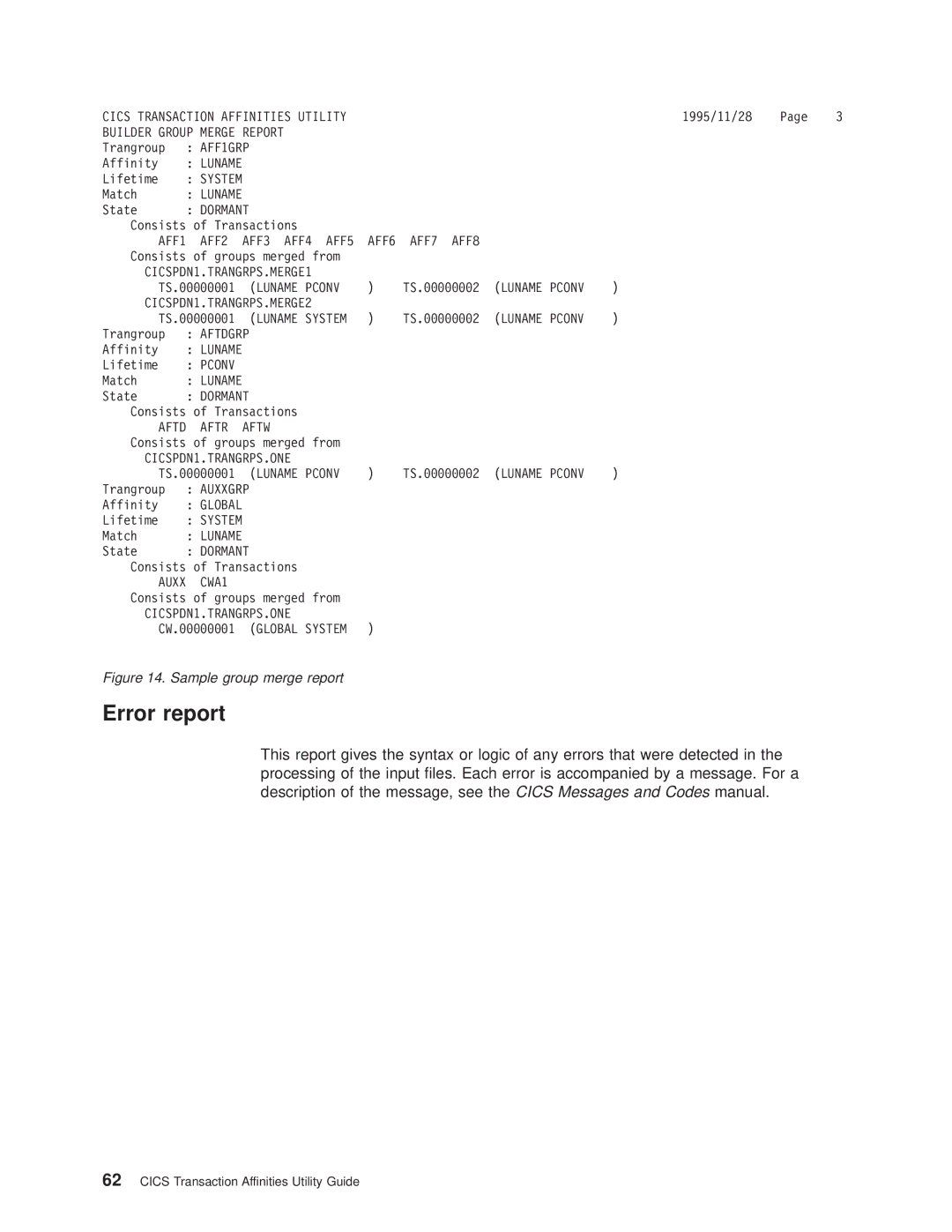 IBM OS manual Error report, Sample group merge report 