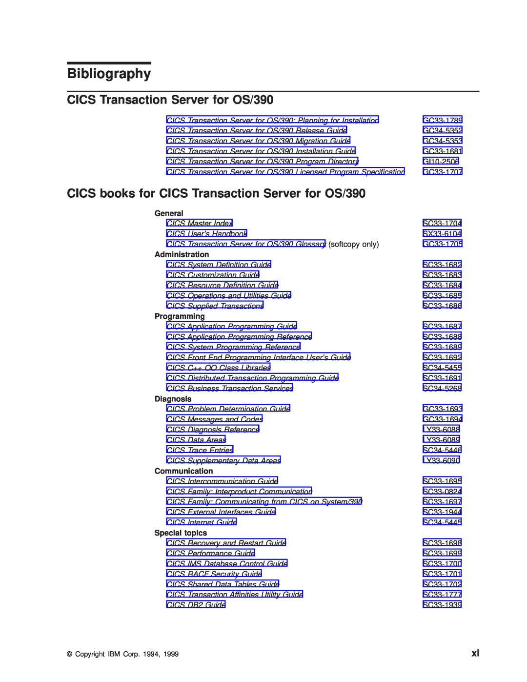 IBM manual Bibliography, CICS books for CICS Transaction Server for OS/390, GI10-2506, CICS Master Index, SX33-6104 