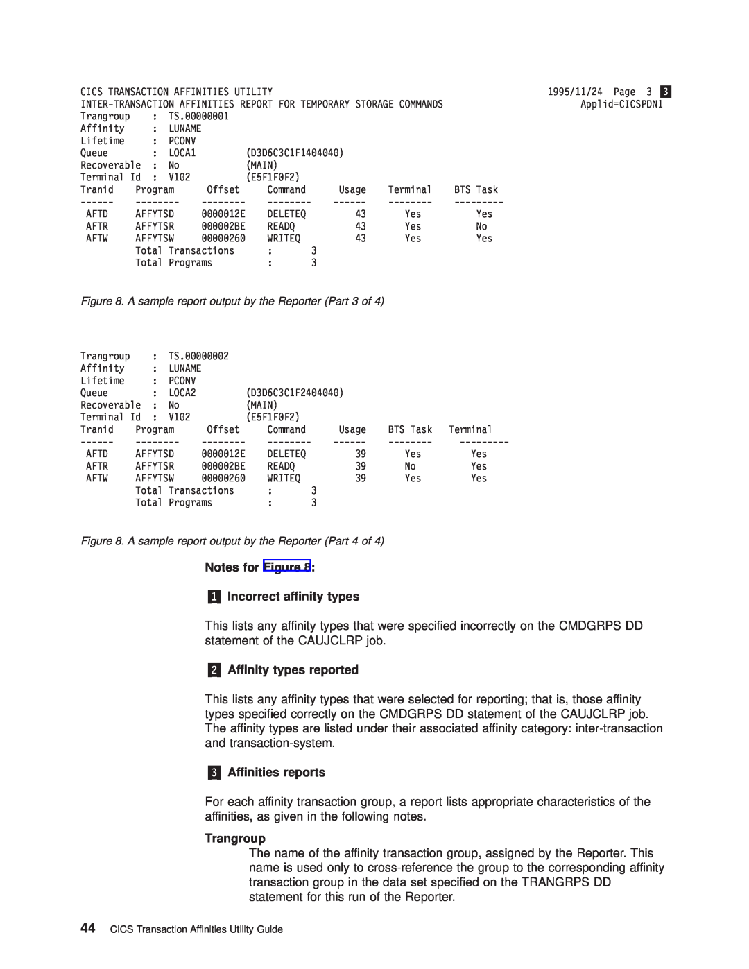 IBM OS manual Notes for Figure „1… Incorrect affinity types, „2… Affinity types reported, „3… Affinities reports, Trangroup 