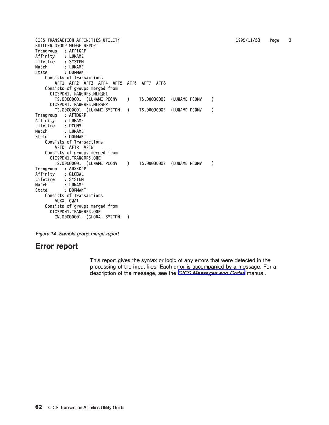 IBM OS manual Error report, Sample group merge report 