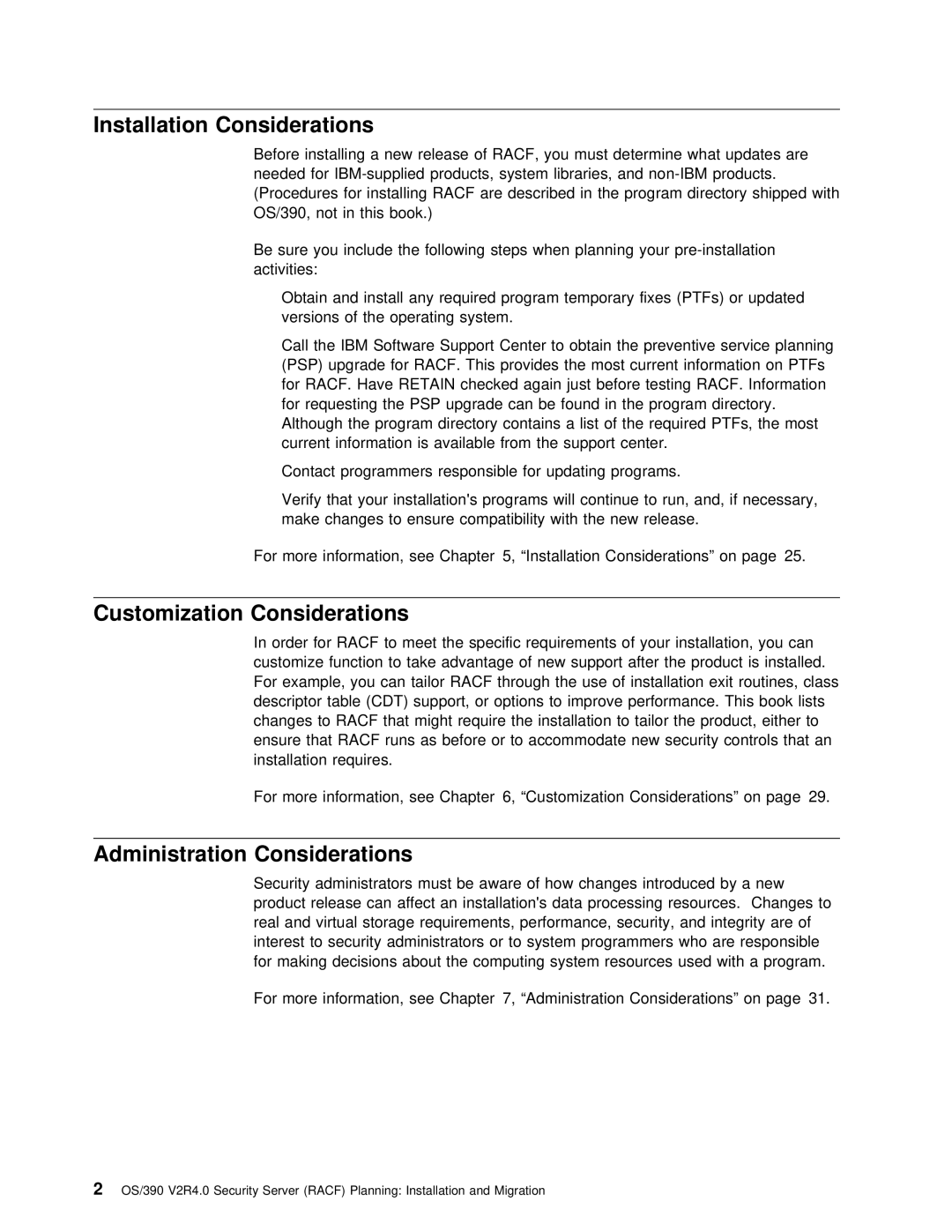 IBM OS/390 manual Installation Considerations, Customization Considerations, Administration Considerations, Psp 