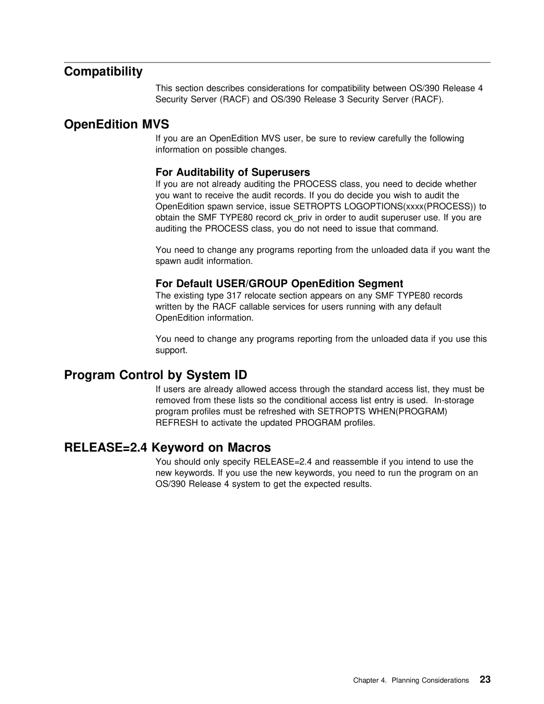 IBM OS/390 manual Compatibility, OpenEdition MVS, Program Control by System ID, RELEASE=2.4 Keyword on 