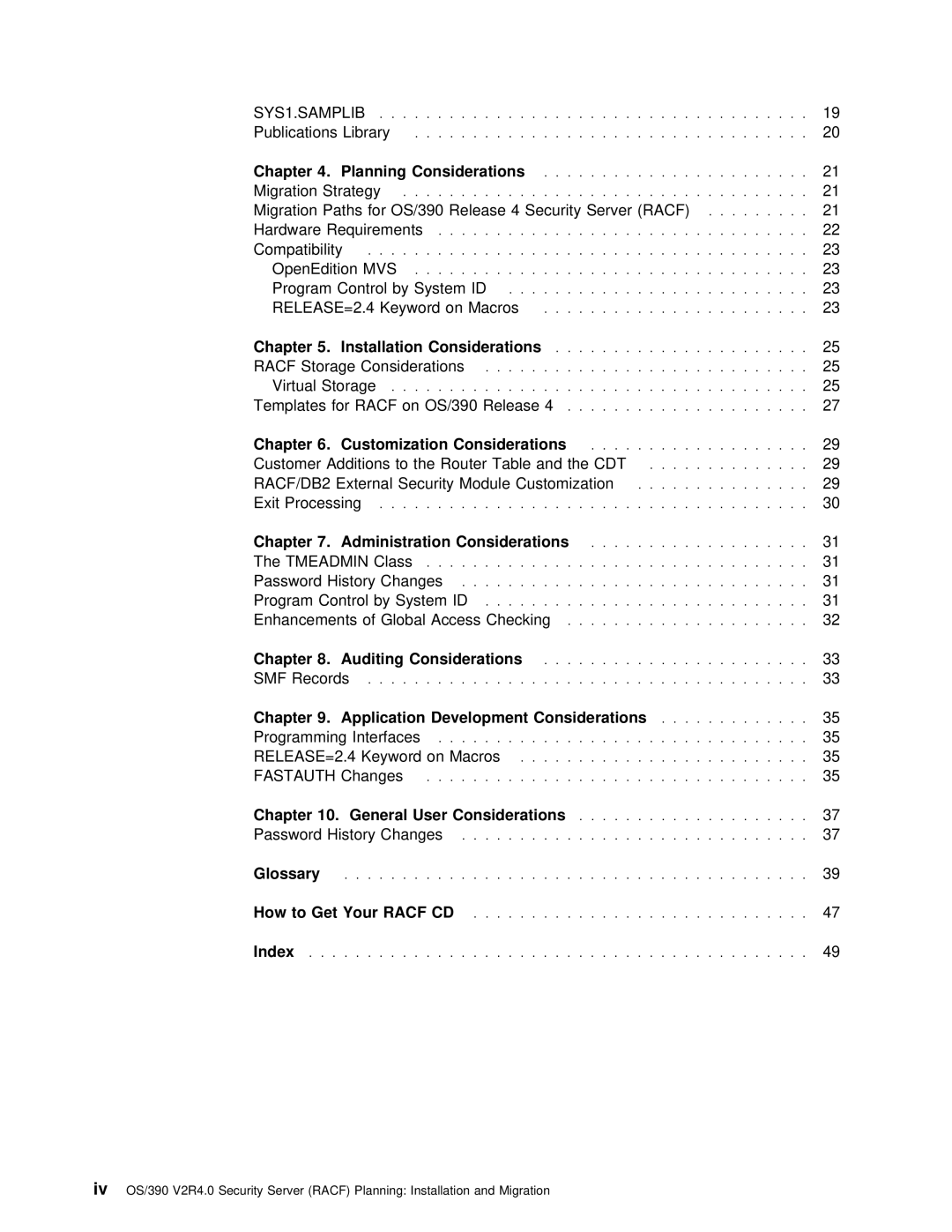 IBM OS/390 manual Racf, Considerations, Get, Index 