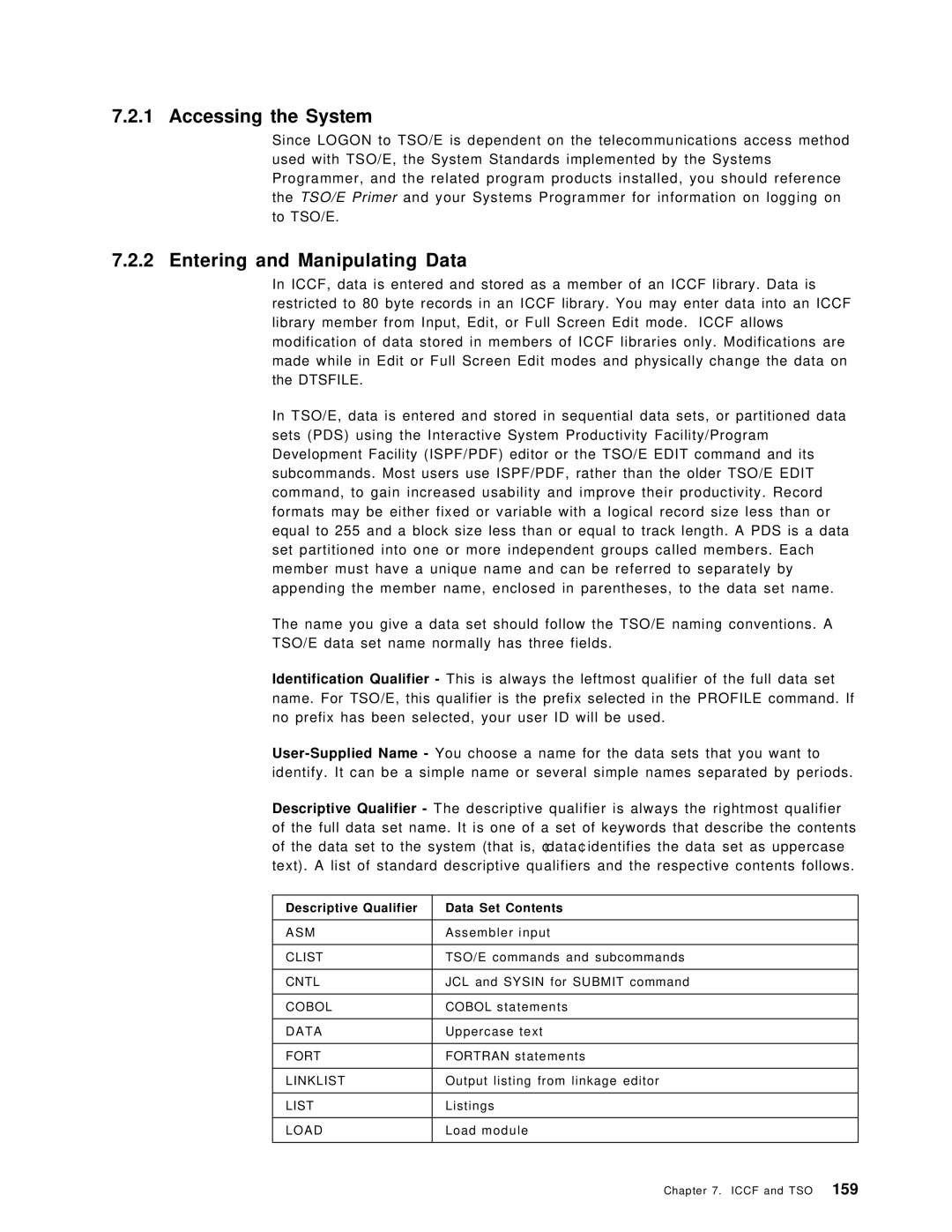 IBM OS/390 manual Accessing the System, Entering and Manipulating Data, Descriptive Qualifier Data Set Contents 