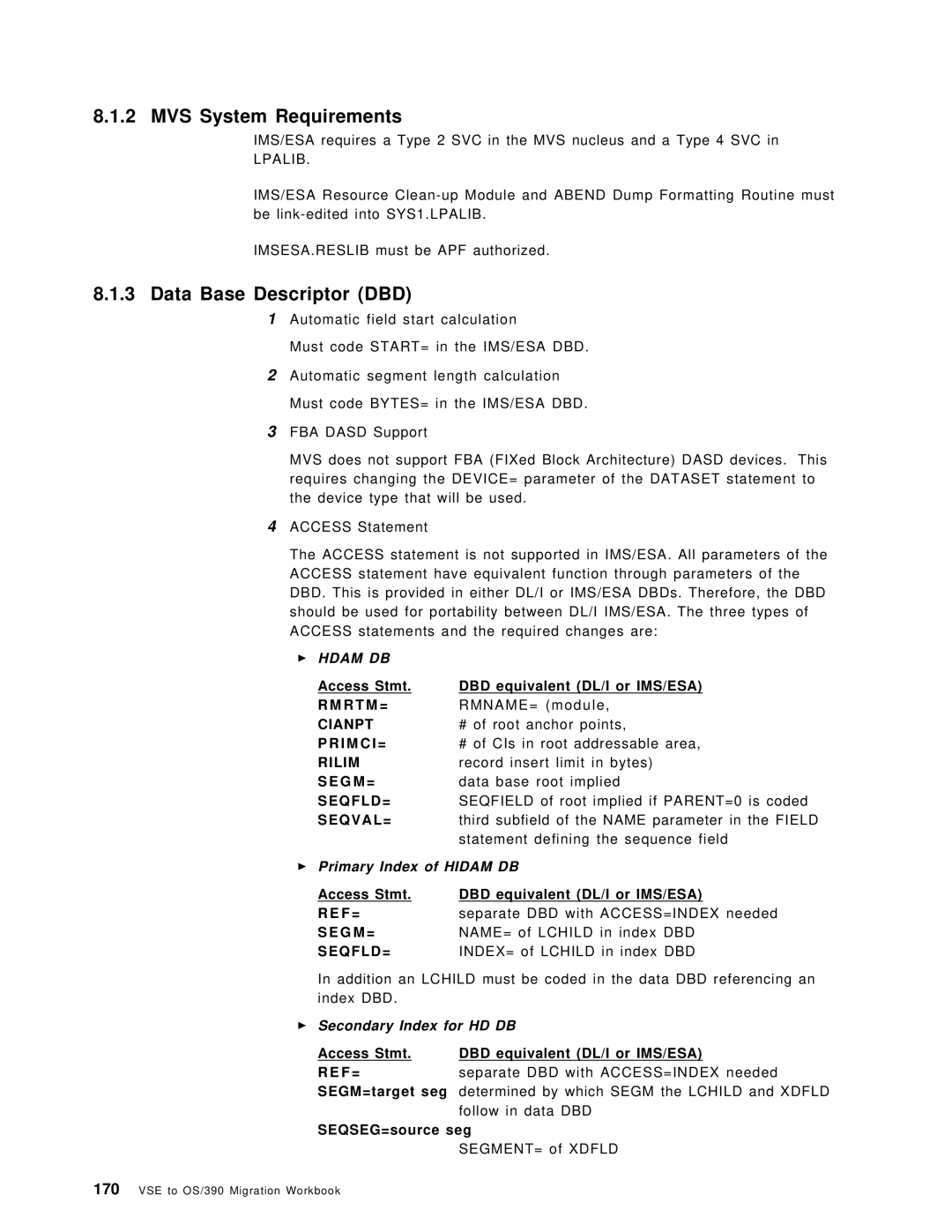 IBM OS/390 manual MVS System Requirements, Data Base Descriptor DBD, Primary Index of Hidam DB, Secondary Index for HD DB 