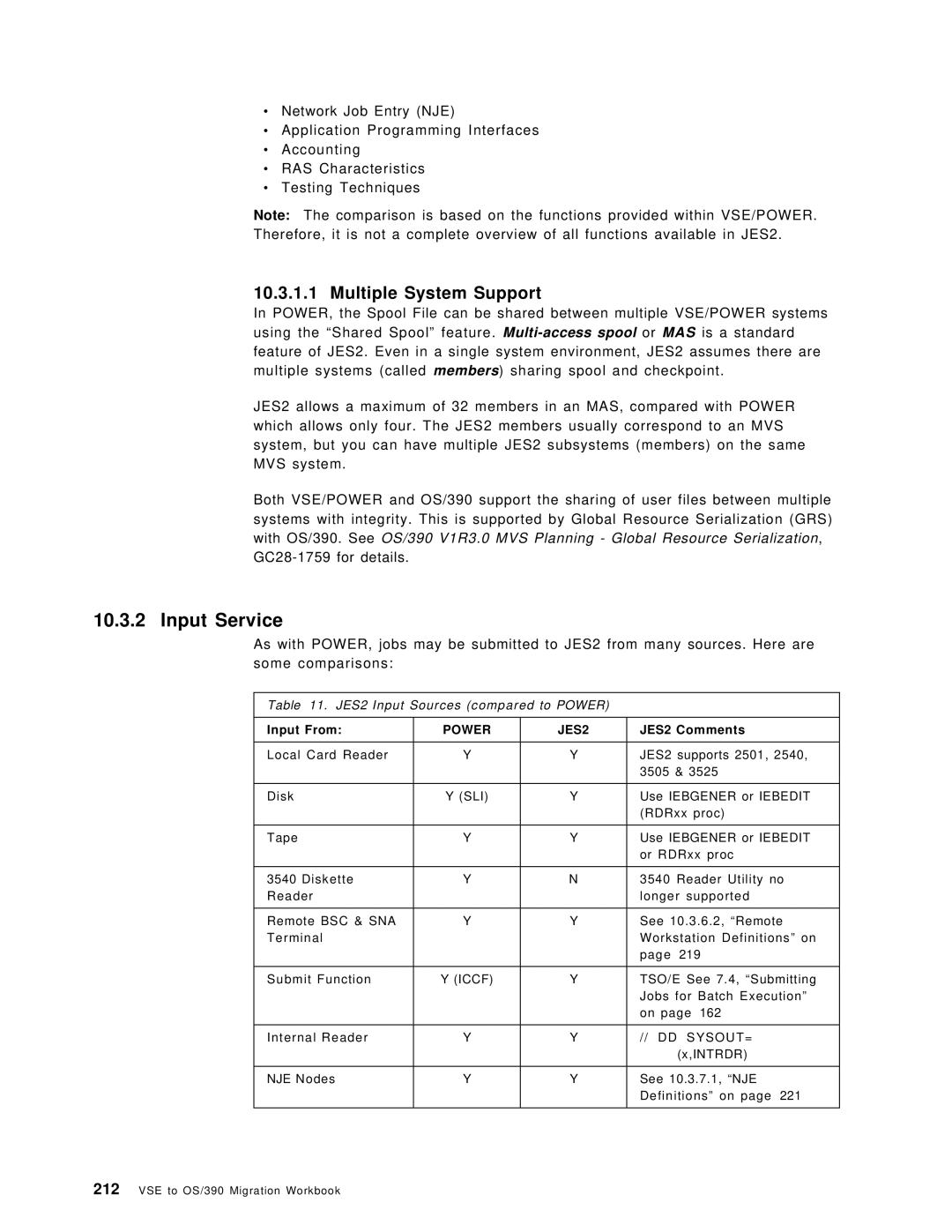 IBM OS/390 manual Input Service, Multiple System Support, JES2 Input Sources compared to Power, Input From, JES2 Comments 