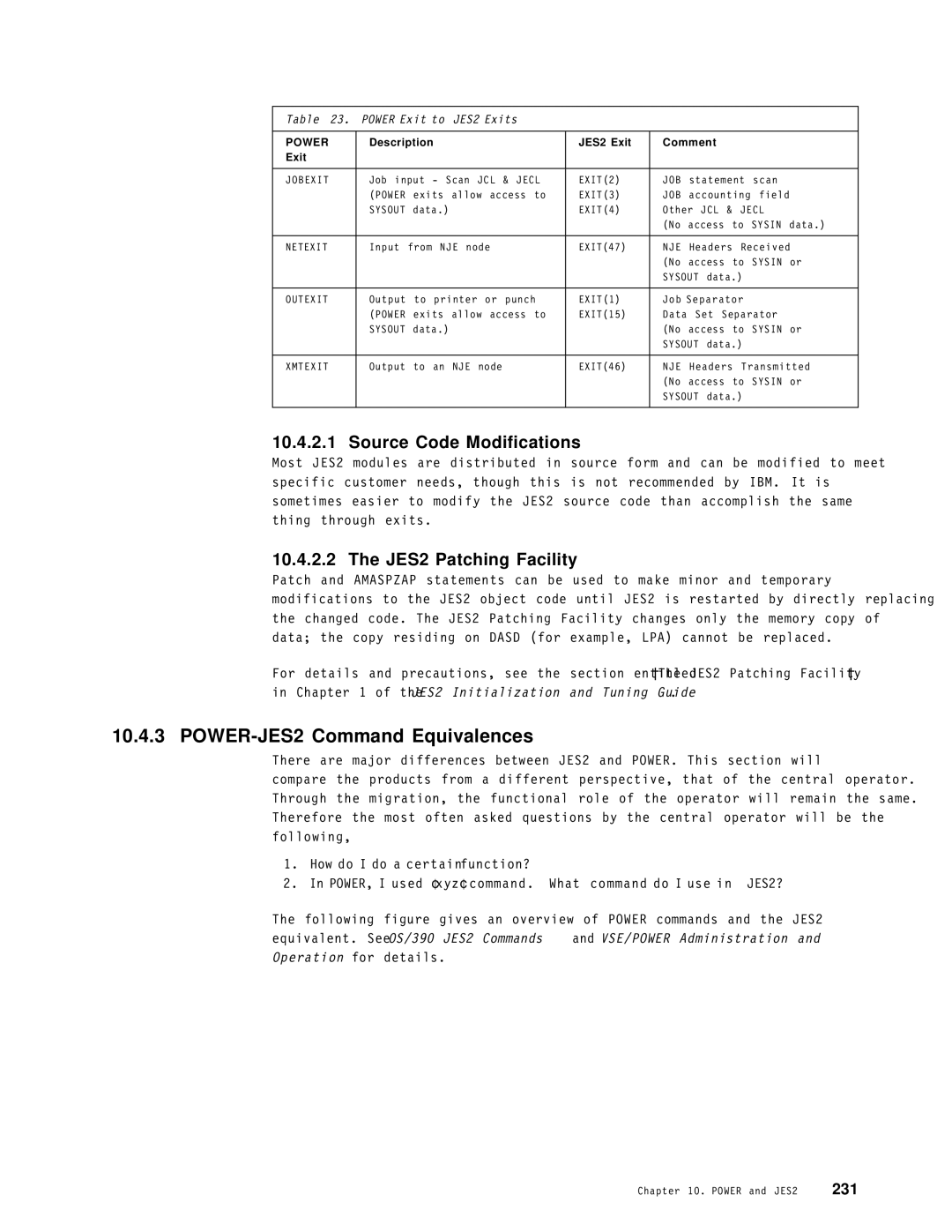 IBM OS/390 POWER-JES2 Command Equivalences, Source Code Modifications, JES2 Patching Facility, Power Exit to JES2 Exits 