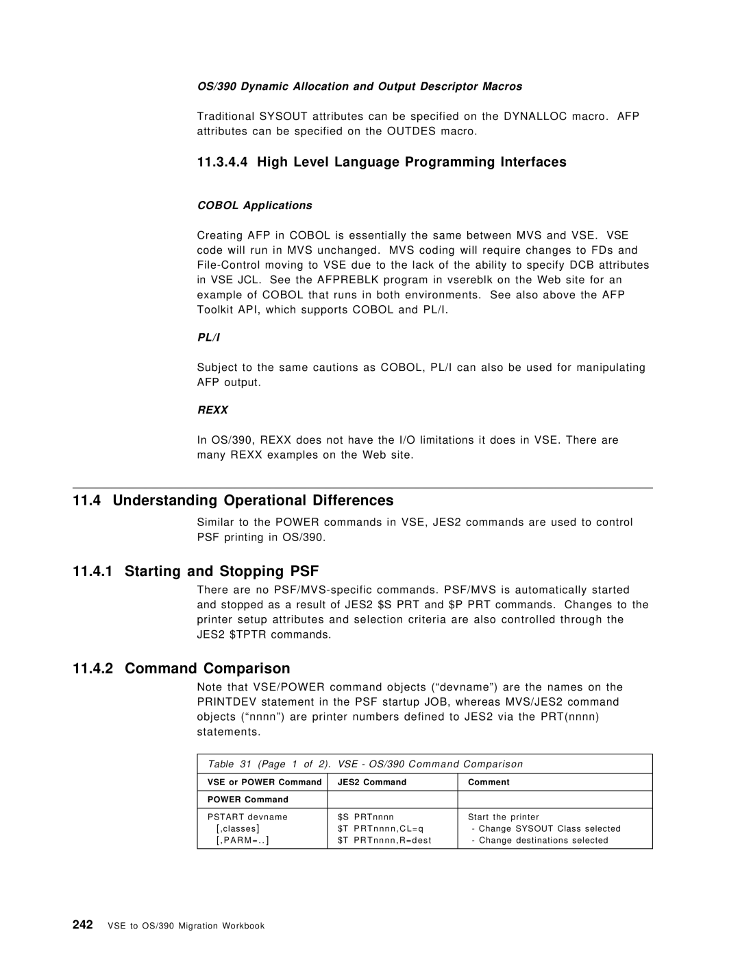 IBM OS/390 manual Understanding Operational Differences, Starting and Stopping PSF, Command Comparison 