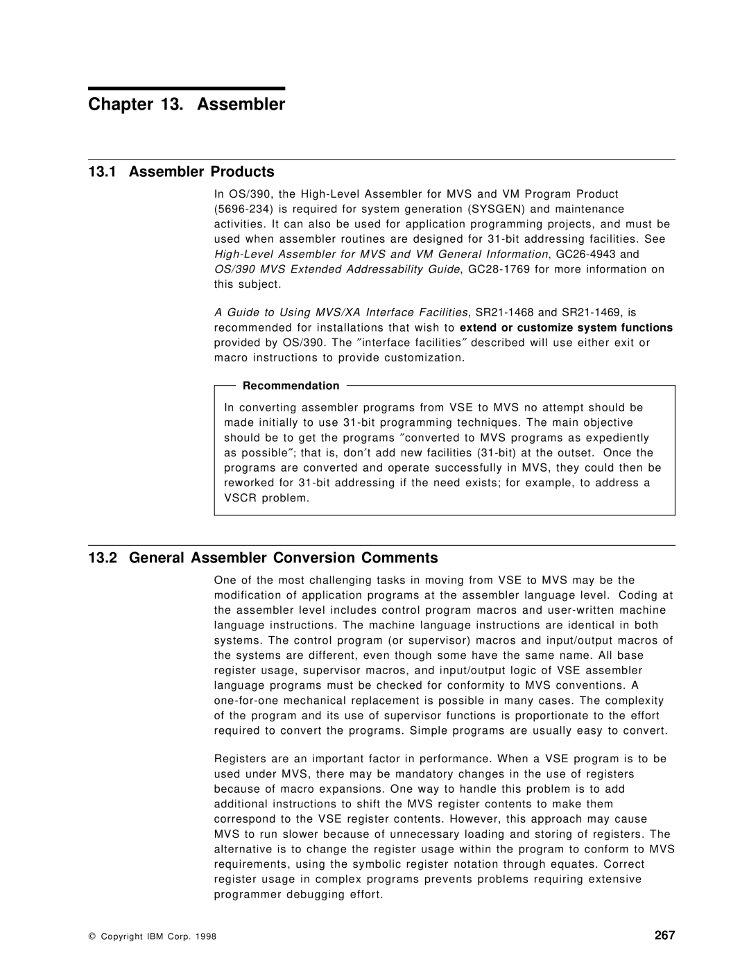 IBM OS/390 manual Assembler Products, General Assembler Conversion Comments, 267, Recommendation 