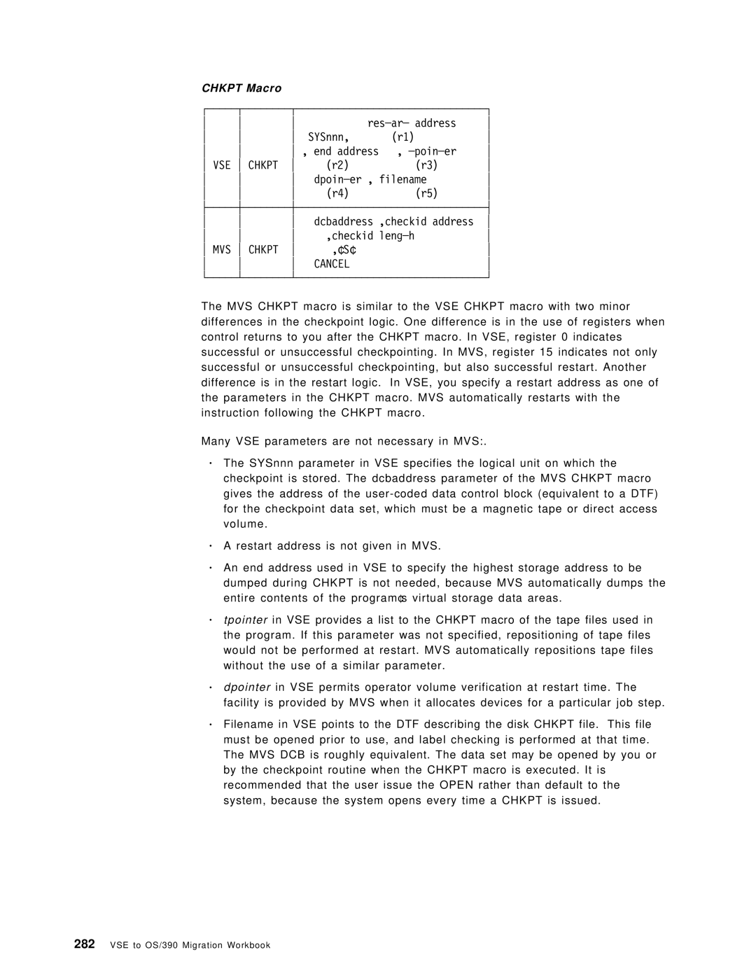 IBM OS/390 manual Resar address, End address Poiner, VSE Chkpt, ′ S′, Chkpt Macro 