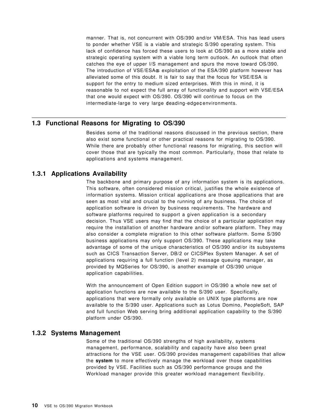 IBM manual Functional Reasons for Migrating to OS/390, Applications Availability, Systems Management 