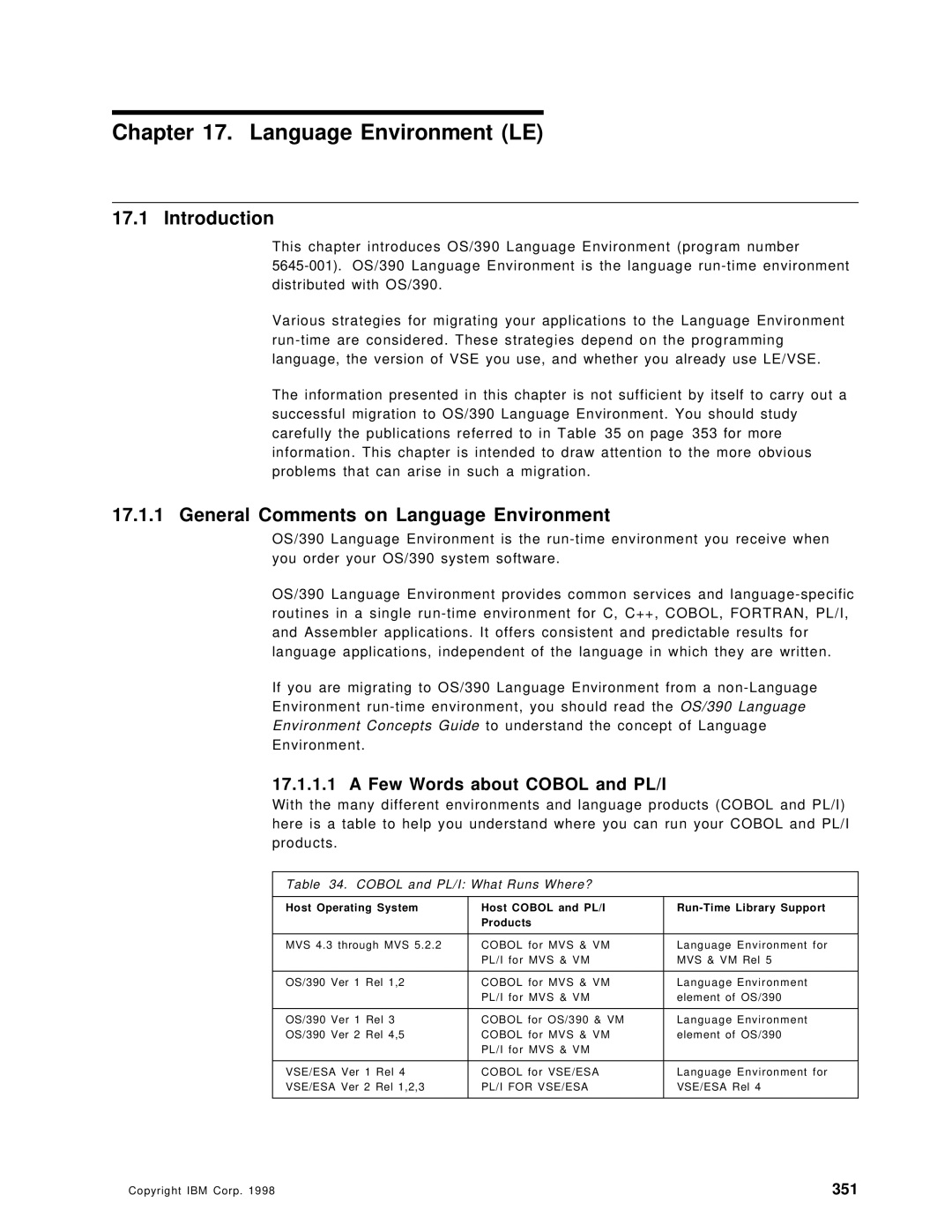 IBM OS/390 manual Language Environment LE, General Comments on Language Environment, Few Words about Cobol and PL/I, 351 