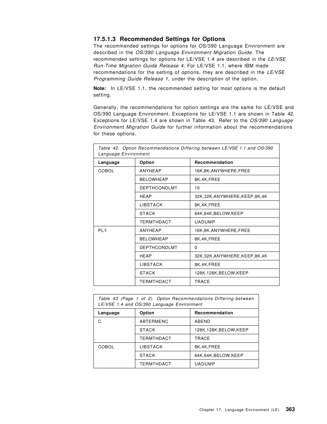 IBM OS/390 manual Recommended Settings for Options, Language Environment, Language Option Recommendation 